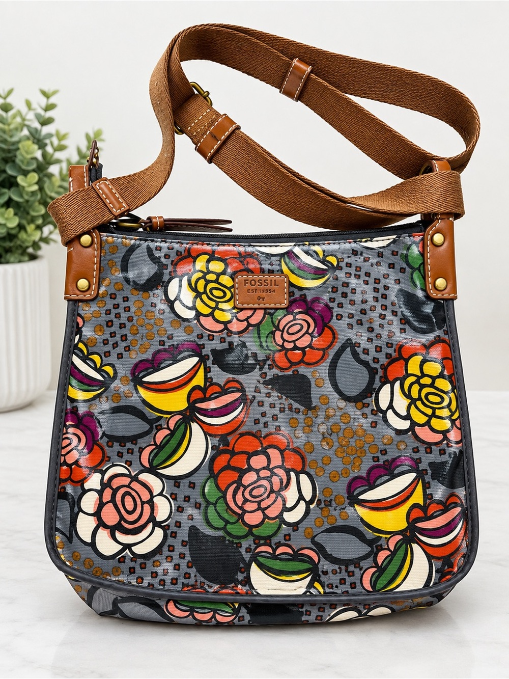 Fossil Floral Crossbody Bag Multicolor Coated Canvas Boho Y2K